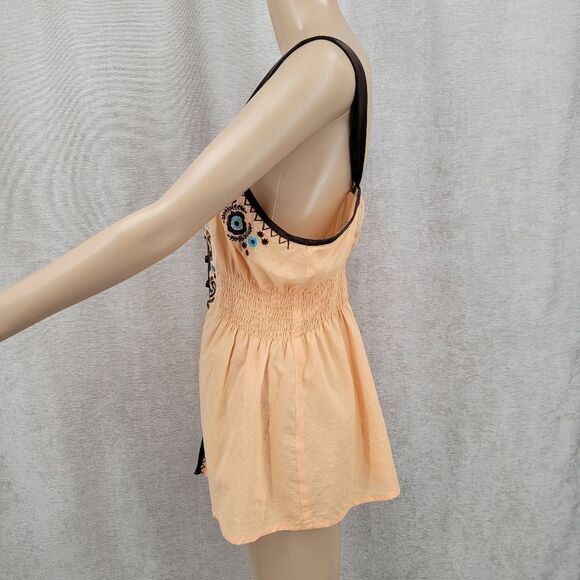 Wet Seal Y2K Embroidered Peach Sleeveless Tank Top Brown Satin Trim Boho - Picture 5 of 9